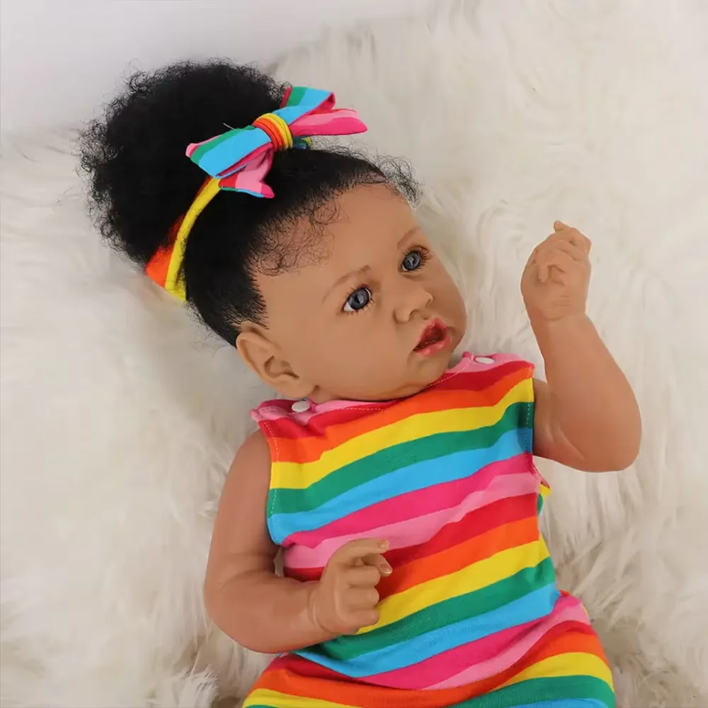 

22Inch Newborn Reborn African Doll Baby with Hair Transplant Simulationt Children Realistic Toy Christmas Birthday Toy Baby Doll