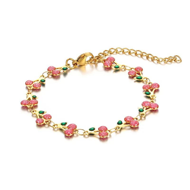 Süßes, niedliches Kirsch-Armband für Damen, Edelstahl-Kettenglied, goldfarben, modisch, bunt, Früchte, Schmuck, Accessoires, Geschenk – Detail 3