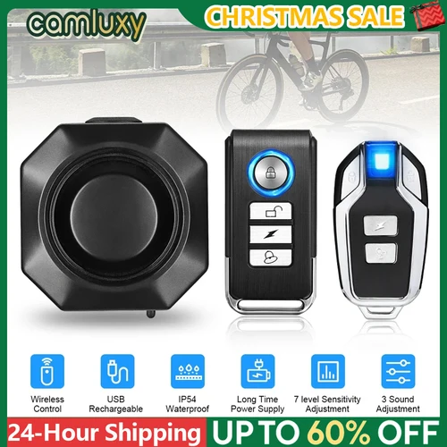Camluxy inalámbrico USB carga impermeable alarma de bicicleta Control remoto Detector de vibración alarma motocicleta alarma antirrobo