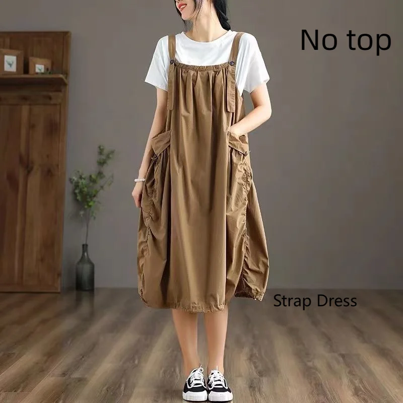 

Summer New Thin Loose Strap Dress Solid Color All-match Pleated Pocket Patchwork Youth Midi Dress Fashion Casual Women Clothing