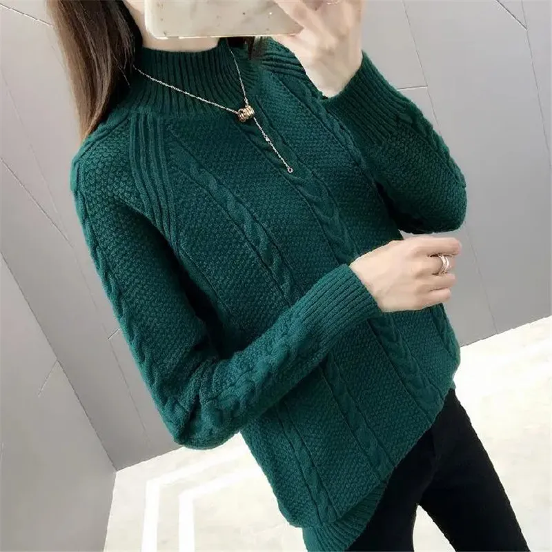 

New Fashion Half High Collar Knitted Pullover Sweater Women Autumn Winter Long Sleeves Casual Loose Jumper Female Knitwear T1506