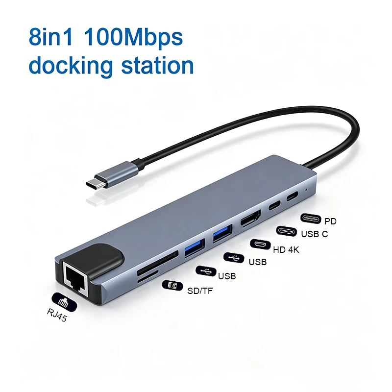 Type-C Multi-Port Hub, 100 Mbps RJ45 Port, HDMI-Compatible Adapter, SD/TF Card Reader, USB-C Adapter for Computers and Tablets