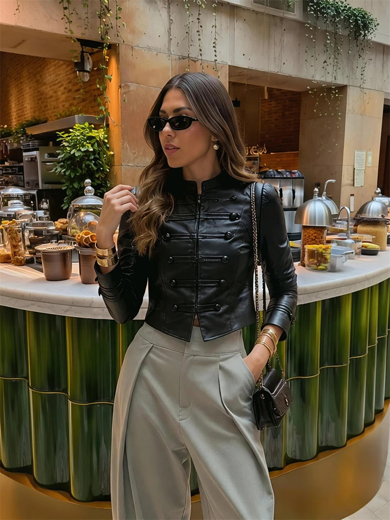 Guobioziy Women's Casual Rope Buckle Leather Jacket 2026 Spring-Autumn French Fashion Trend Slim Fit Daily Classic Biker Street