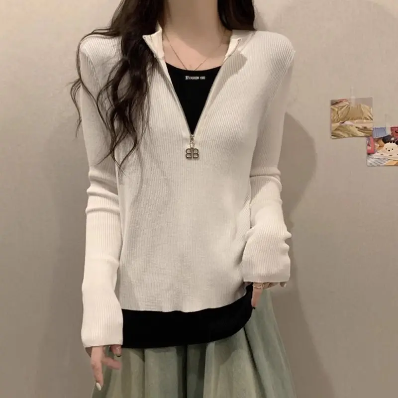 2024 Spring Autumn Women\'s Spliced V-neck Zipper Screw Thread Fashion Solid Loose Fake Two Piece Casual Long Sleeve Knitted Top