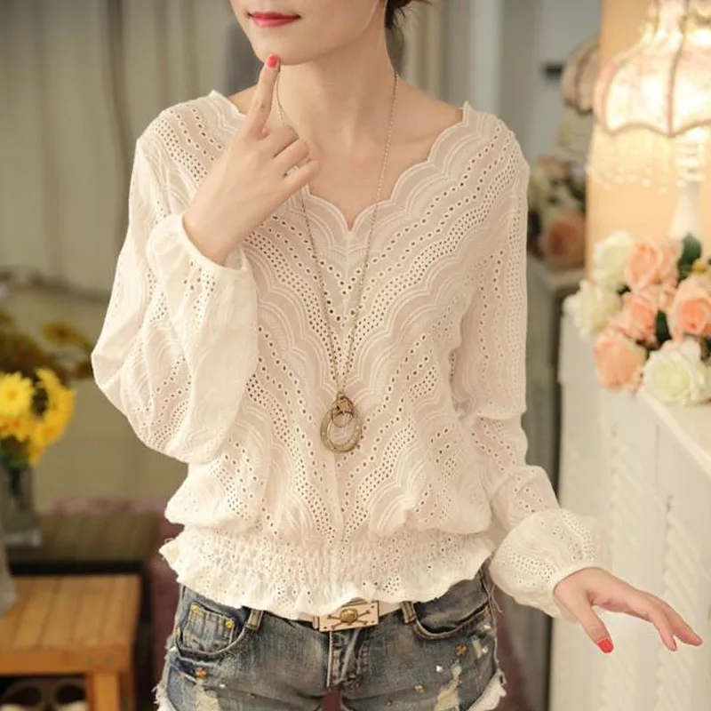 2022 Spring New Long Sleeve V-Neck Stylish Hollow Out Blouses Elegant Ladies Korean Casual Solid Color Thin Pullovers Shirts