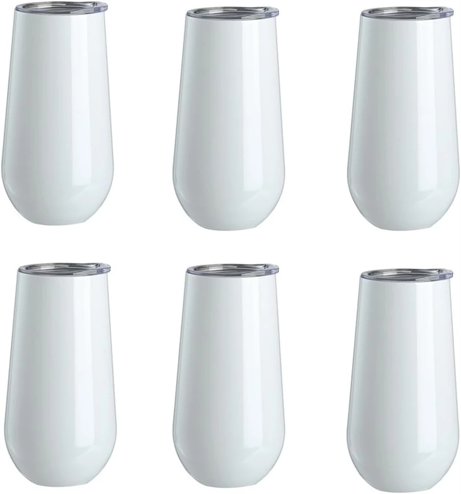 6 Pack Sublimation Blank Stainless Steel Double Insulated Champagne Flute Tumbler with Lid DIY 6oz Unbreakable Reusable Cup