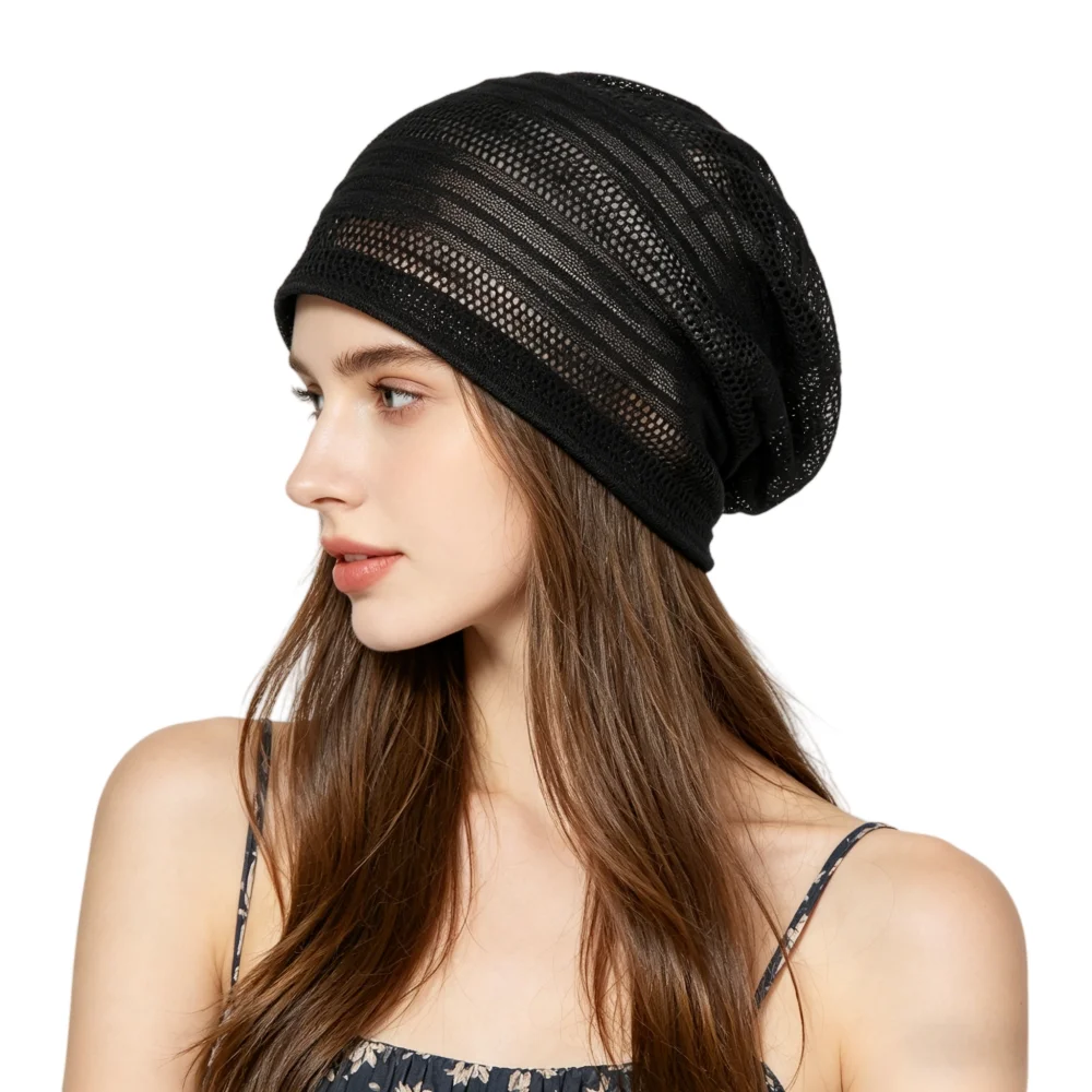 Summer Lightweight Black Mesh Knit Beanie for Women, Breathable Slouchy Cap, Soft Stretch Casual Skullies