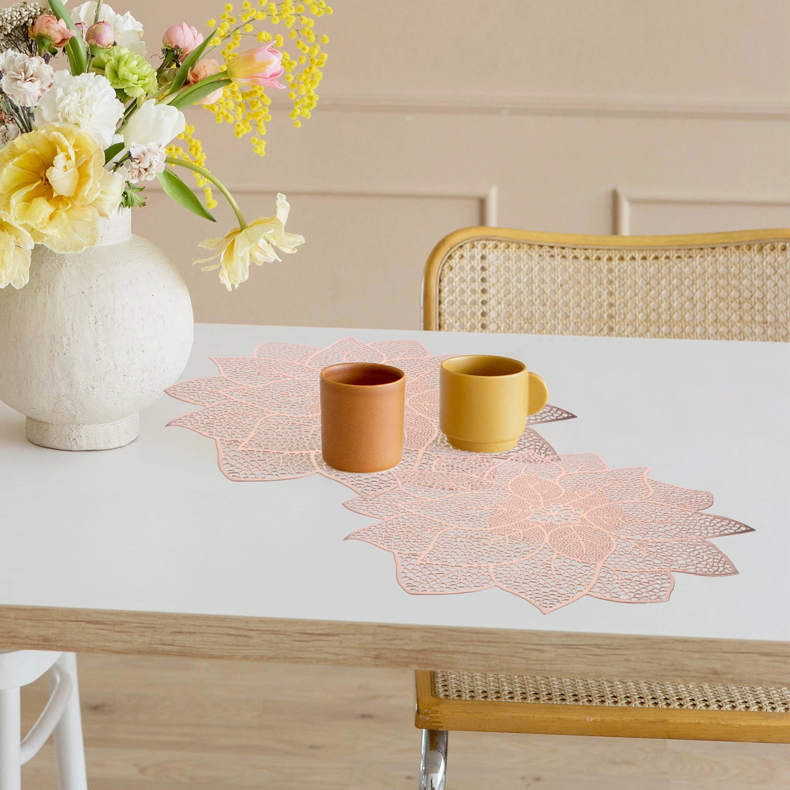 

6pcs Fugui Flower Placemat PVC Floral Table Mat Holiday Decoration Dining Mat Anti-Spill Water Resistant Home for Festival
