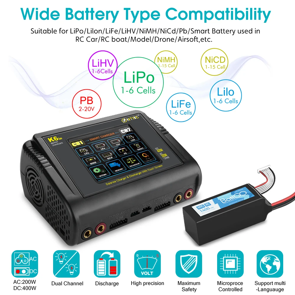 HTRC K6+Pro Lipo Battery Charger DC 400W AC 200W RC Dual Charger Discharger For LiHV LiFe Li-lon NiCd NiMh Pb LiPo Battery