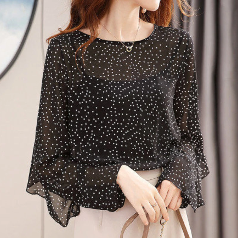 Polka Dots Black Two Piece Set T-shirt Butterfly Sleeve Round Neck Casual Top 2022 Spring Summer Fashion Top Tee for Female