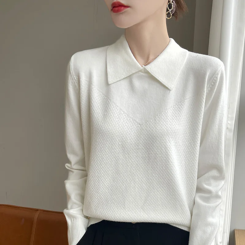Autumn and winter new 100% pure wool women\'s polo neck solid color long sleeve sweater casual loose knit cashmere sweater.