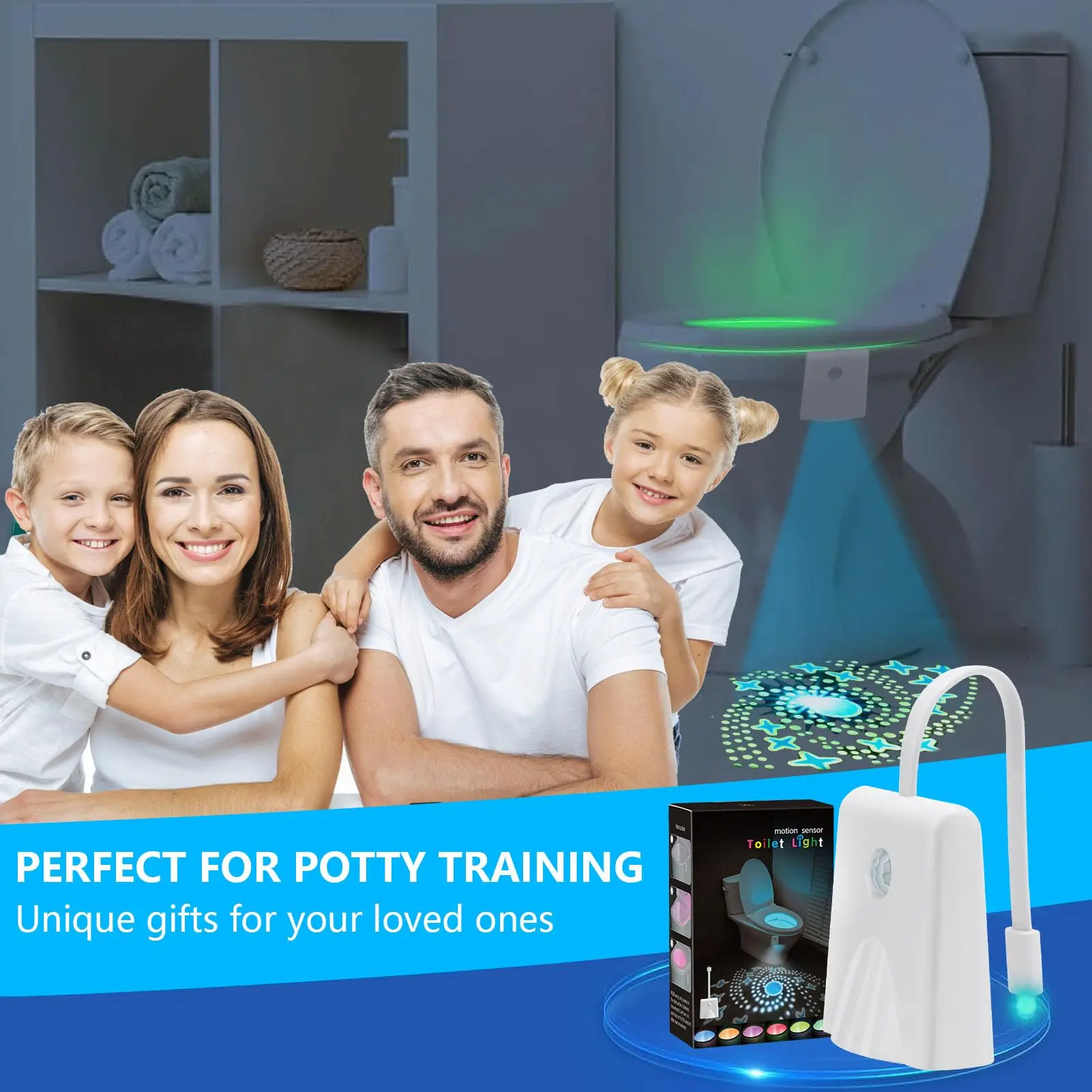 LED RGB Toilet Bowl Night Light Lamp with Motion Sensor Star Projection Nightlight for Bathroom Decor USB Rechargeable Wateproof