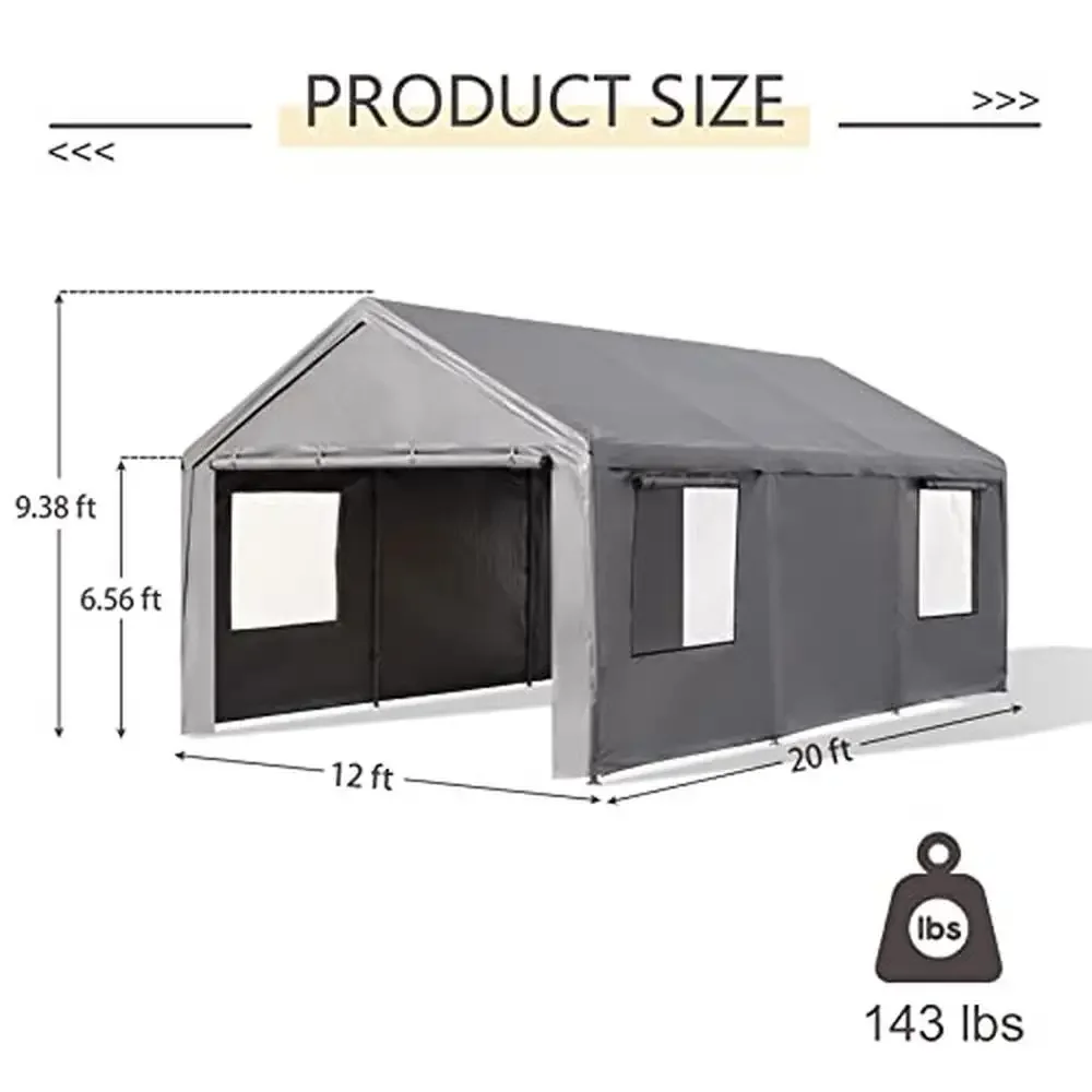 Heavy Duty Carport 12'x20' Portable Garage with Removable Sidewalls & Doors Ventilated Windows Rust-Resistant Steel Frame Quick