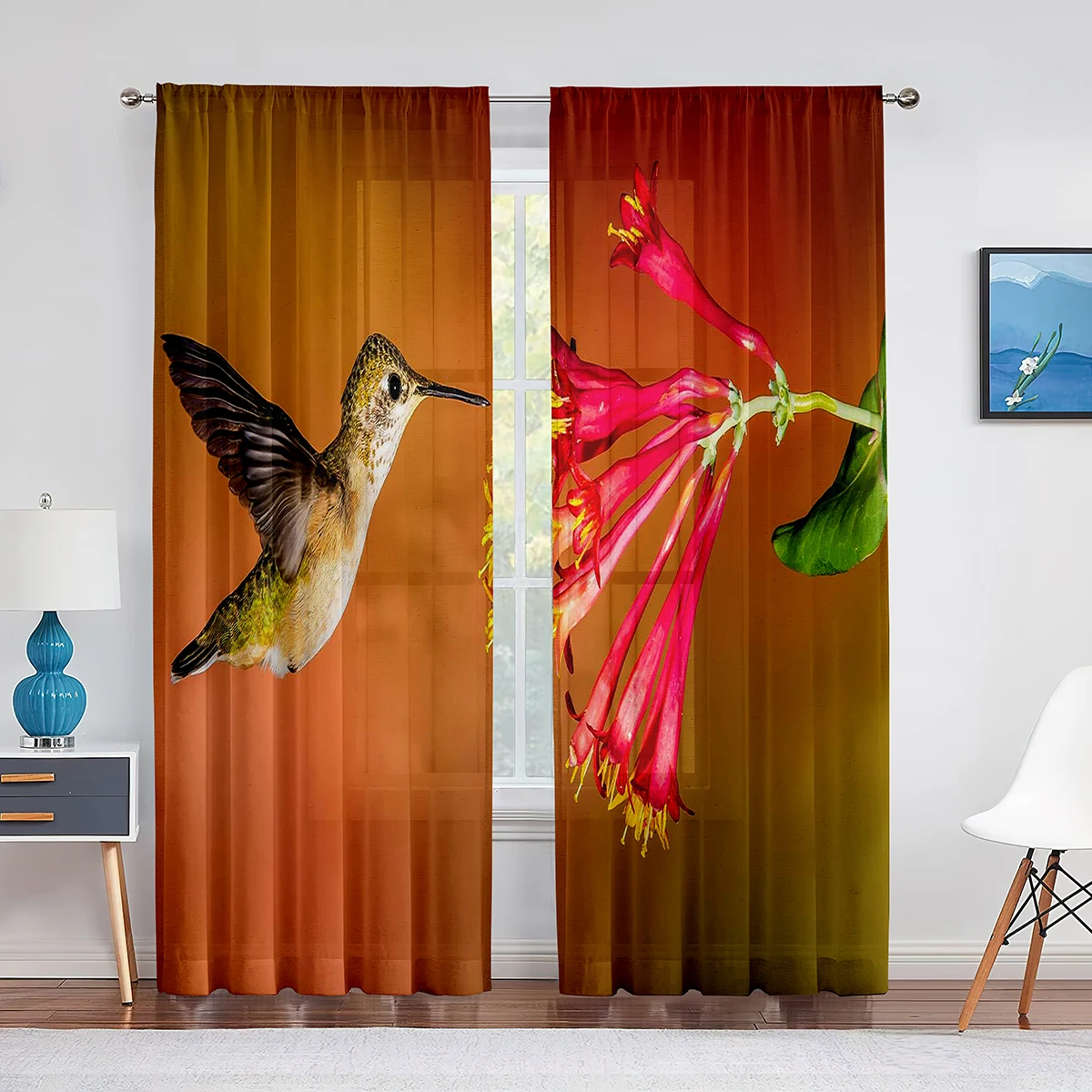 Spring Hummingbirds and Flowers Sheer Curtain for Living Room Bedroom Dress Up Home Window Supplies Print Chiffon Tulle Curtains