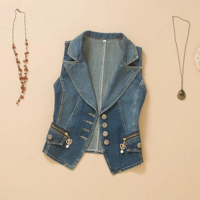 Vintage Dark Blue Denim Vest Women Waistcoat Suit Collar Pocket Slim Short Cowboy Sleeveless Jackets Casual Jeans Vests Female