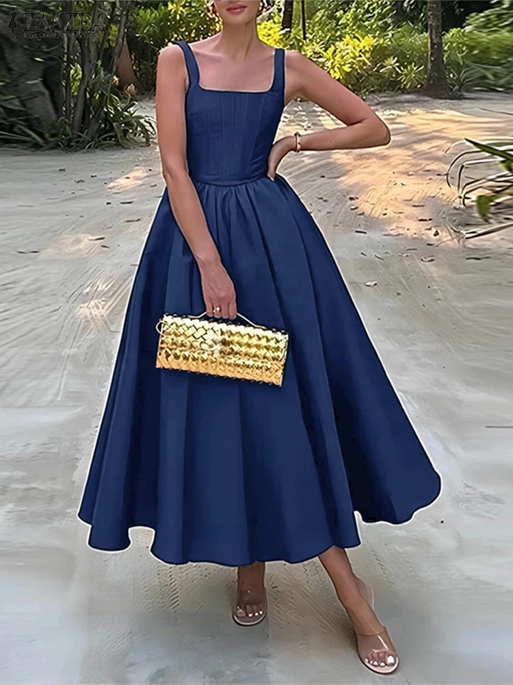 2025 ZANZEA Women Satin Sundress Vintage Square Neck Sleeveless Midi Dress Party Retro Chic Tank Vestidos Bohemian Swing Robe