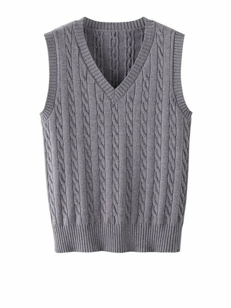 Damska dzianinowa kamizelka swetrowa z luźnej wełny, prosty, modny design, jesienny trend, odzież wierzchnia, średniej długości ocieplacz na ramię.