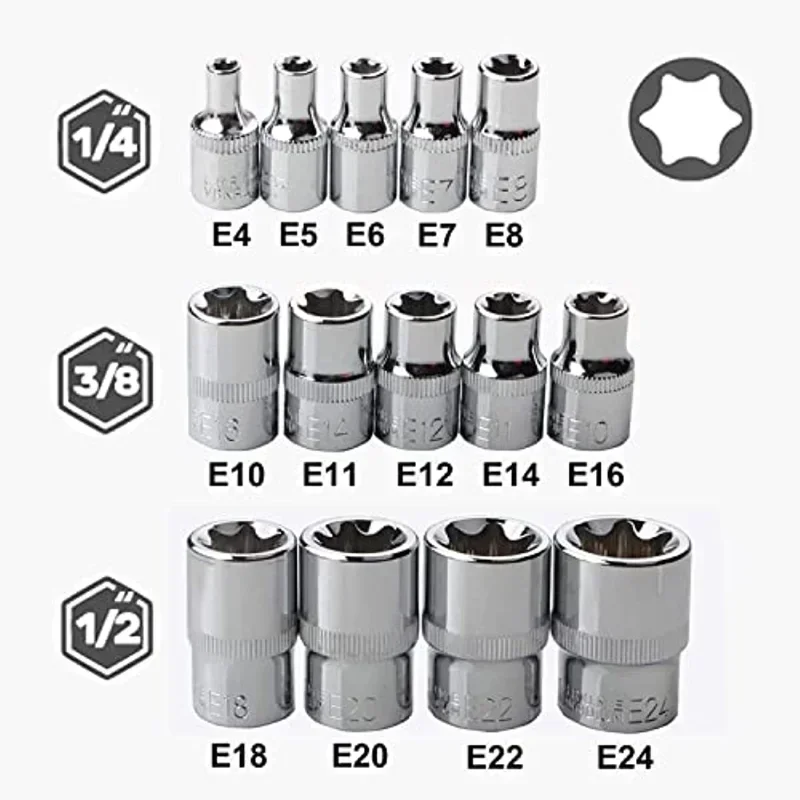 14PCS Female E-Torx Star Socket Set with Case 1/4  3/8  1/2 in. Drive External Star Socket Set E4-E24 Torque Socket Set