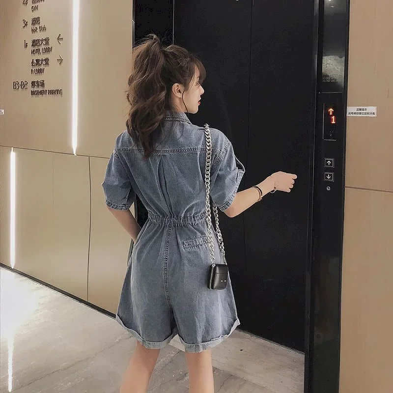 Pop Denim Jumpsuits Women Half Sleeve Loose Oversized Casual Tops One Piece Outfit Women Playsuits Overalls For Women Denim Shor