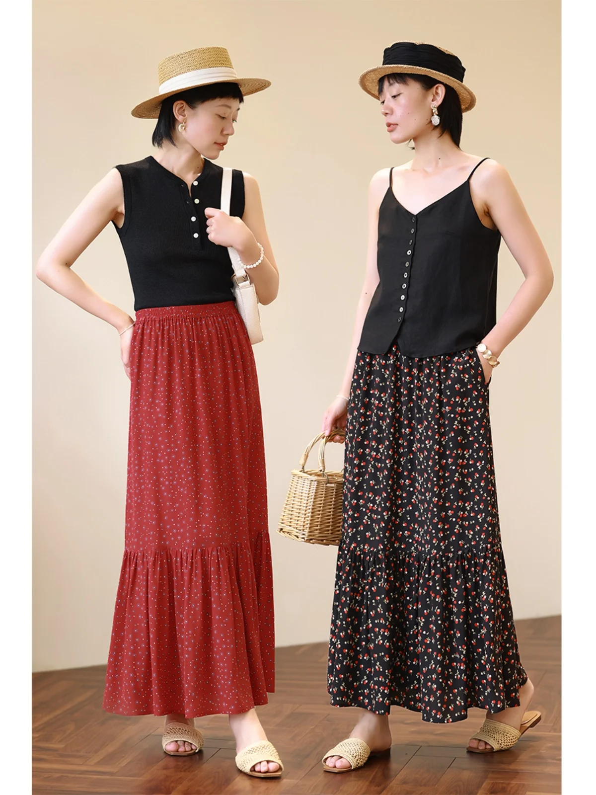 

Новая летняя женская юбка с высокой талией, А-силуэта, из шелка и двойной марли, с цветочным принтом, в винтажном стиле, многоярусная, фасон «рыбий хвост»