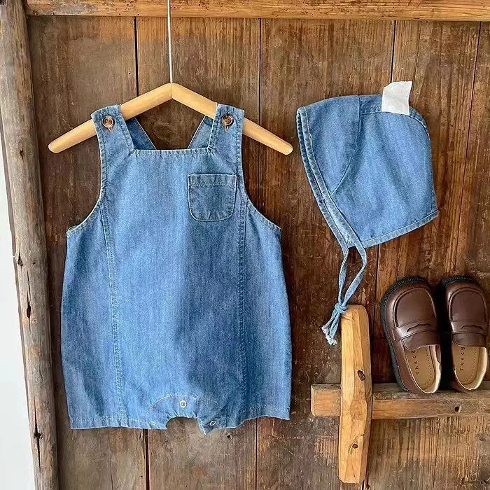 2026 Summer New Baby Sleeveless Denim Romper Newborn Infant Boy Girl Cute Denim Vest Jumpsuit + Hat 2pcs Set Toddler Outfits
