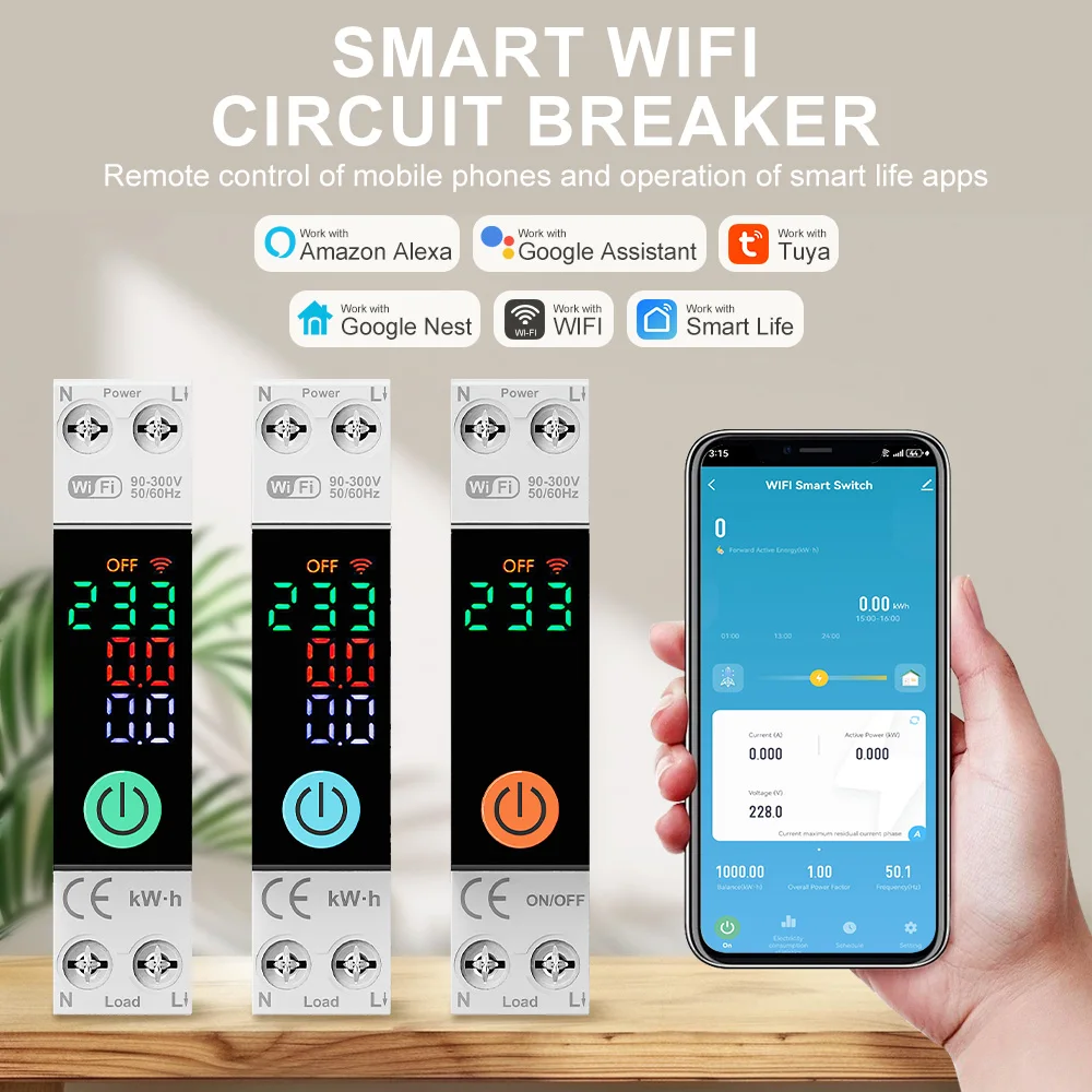 DIY GO Tuya WIFI Smart-Schalter Leistungsschalter Spannungs-, Strom- und Energieanzeige Überlastschutz Relais Speicher 1P+N 230 – Detail 1