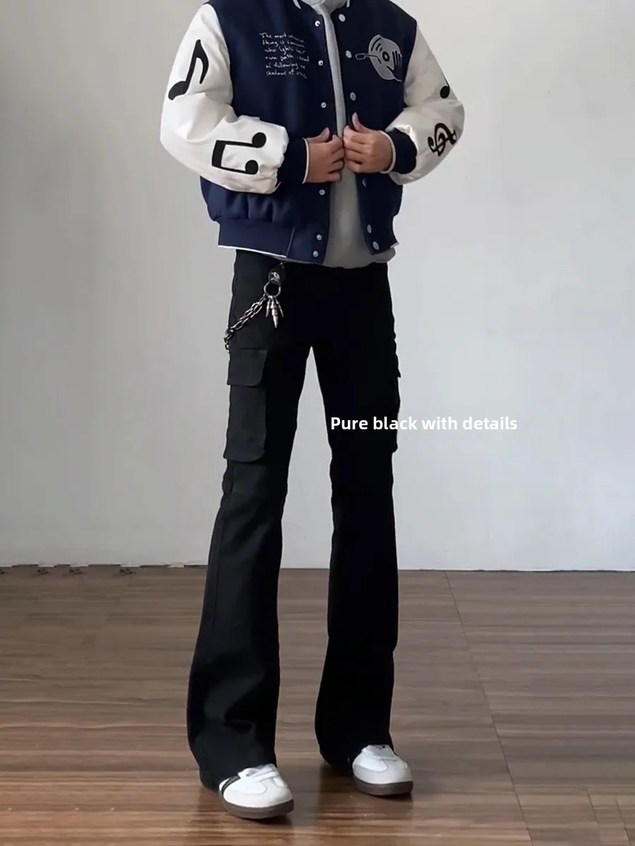 

Retro American High Street Sle Men's Slim Fit Work Pants Multiple kets Straight Leg Bell Bot Long Trousers Trendy