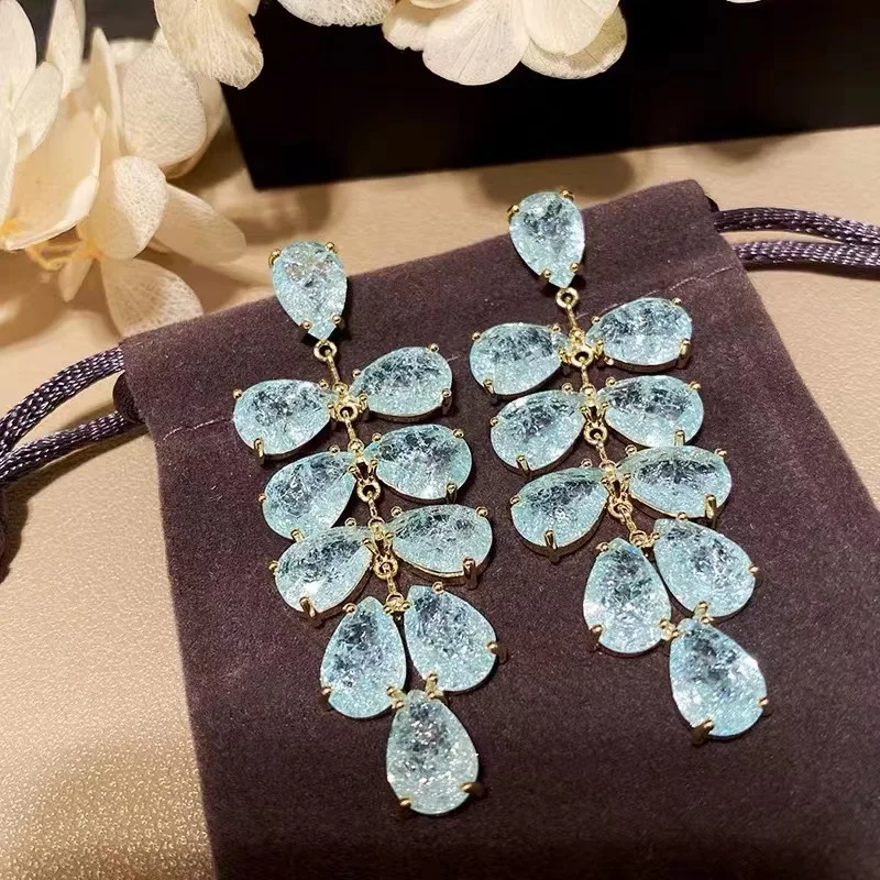 Ice cracked light blue crystal earrings for women original fresh exaggerated water drop earring Bohemian style wedding jewelry view 4