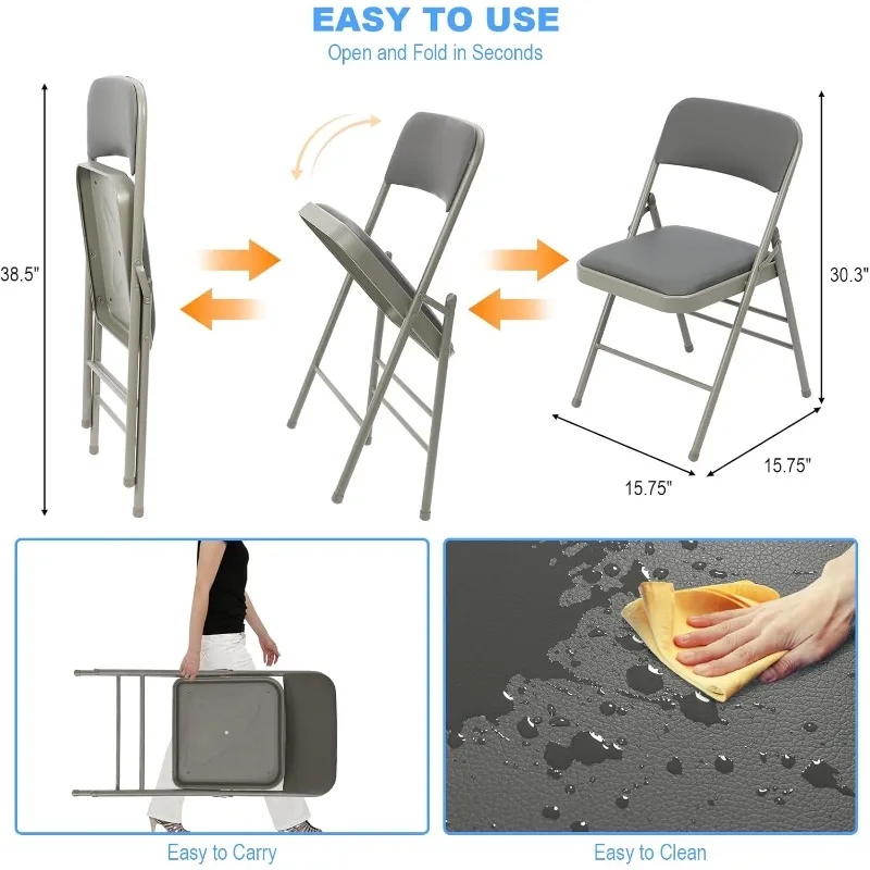 6 Pack Grey Folding Chairs with 3cm Padded Cushion and Back, Metal Folding Chair with Pu Leather, Commercial Foldable Chairs for