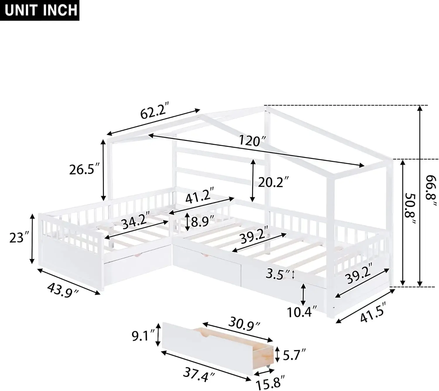 Bellemave L-Shape House Beds With Storage Drawers Two Twin Size Platform Bed Fence Railings Wood Corner Frame Montessori