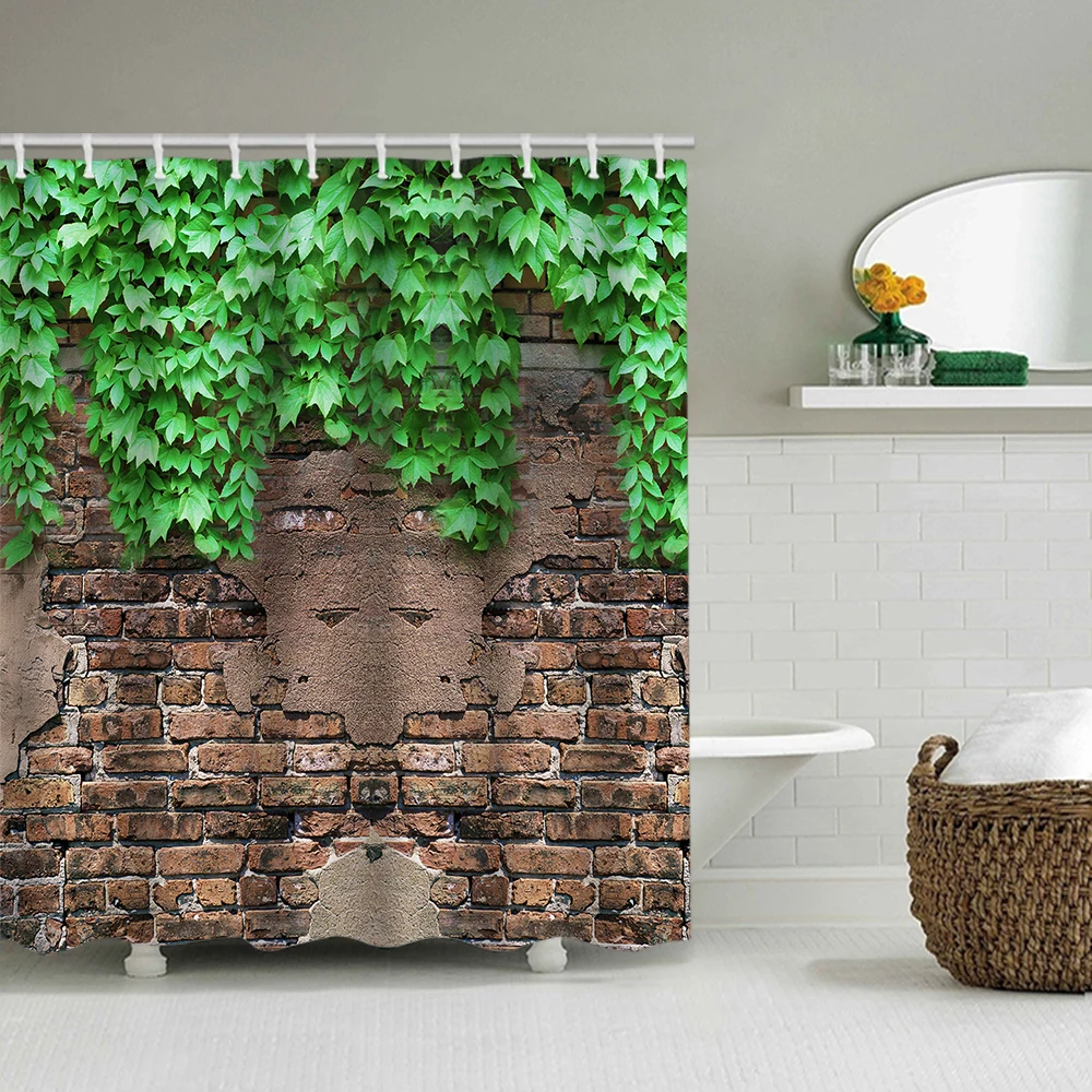 1/4 Brick green plants shower Curtains, Toilet Seat Decoration, Shower Curtain with Carpet and Toilet Lid, 12 70.8x70.8 inch Hoo