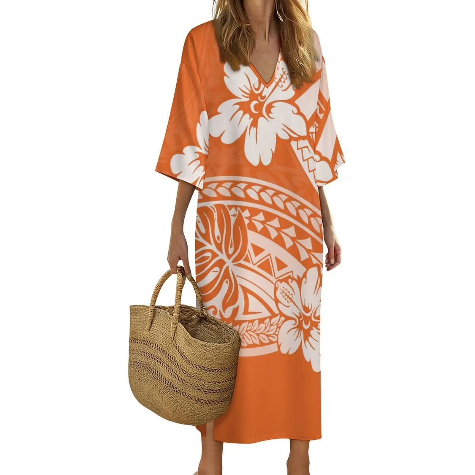 

Polynesian Women'S Custom-Made Tribal Design Pattern Printed Summer Short-Sleeved Elegant Loose And Comfortable Dress