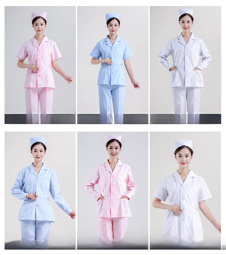 زي ممرضة نحيف بأكمام طويلة ، وردي ، أبيض ، أزرق ، بدلة منقسمة ، معطف مستشفى ، وزرة ، مختبر ، طبي ، طوق