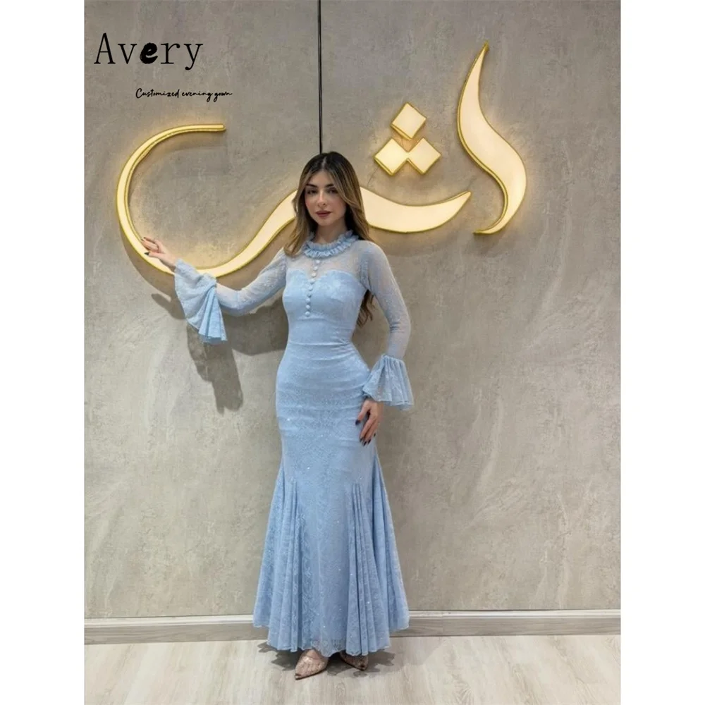 

Avery Custom Sky Blue Fishtail Long Sleeve Round Neck Elegant Women's Dresses for Wedding Party Gala Dress 2026 Woman Evening