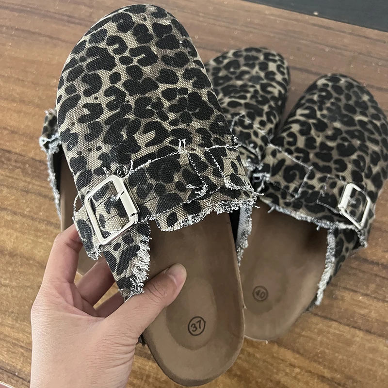 2024 Spring Classic Women\'s Closed Toe Cork Sandals Slippers Ladies Leopard Cork Slippers Camo Mule Clogs Shoes Flats Hot Sale