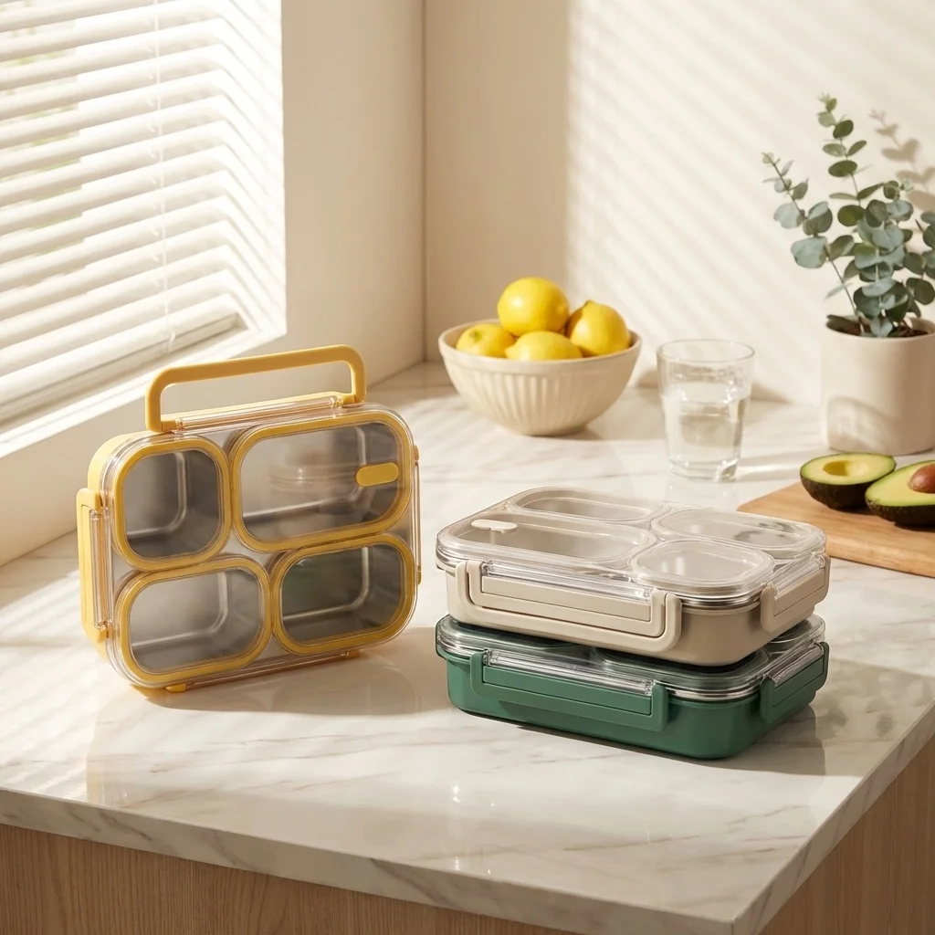 3/4 Grids 304 Stainless Steel Lunch Box Portable Large Capacity Leak Proof Divided Bento Box for Students Adult Microwave Safe