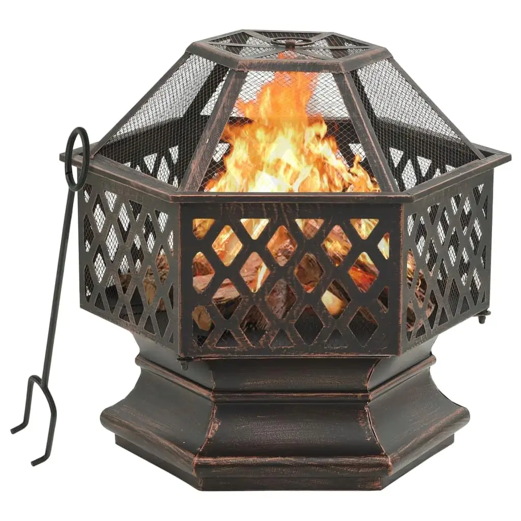 XXL Rustic Steel Fire Pit with Poker - 24.4x21.3x22 Outdoor Patio Heater