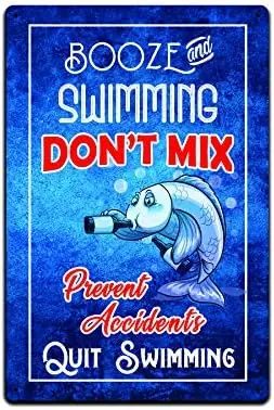 JP's Parcels Tin Signs Swimming Pool Decor - Metal Sign 12 x 8 in. Booze Swimming Don't Mix Prevent Accidents Stop Swimm
