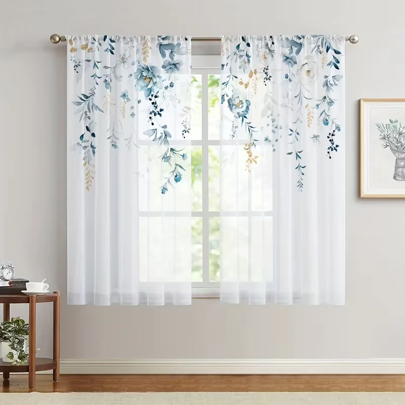 Cortinas transparentes con diseño floral de vid en acuarela índigo y dorado, 2 unidades, elegantes cortinas botánicas para ventana para cocina y sala de estar