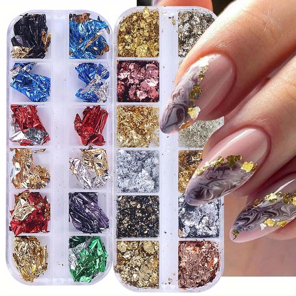 2 Boxen, 24 Stile, Goldfolienflocken, Nagel-Pailletten, gemischte Folien, Seide, Aluminium, Glitzer, Paillette, Chip, glitzert Dekoration, DIY-Handwerk