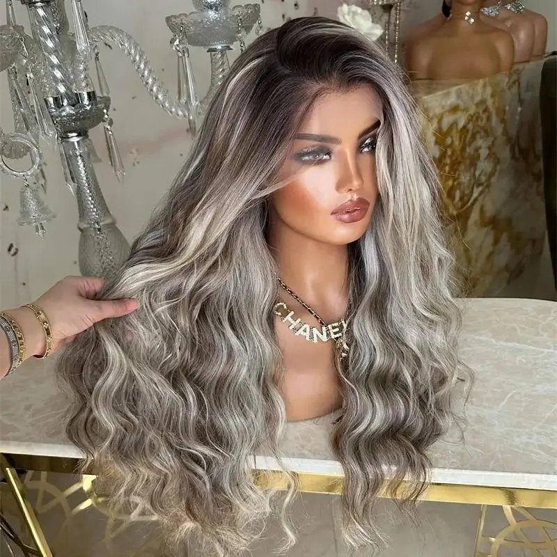 

Synthetic Wig High Quality Pre plucked Lace Ombre Ash Grey Blonde Synthetic HD Lace Front Wig Women's Wigs Cosplay Party Daily