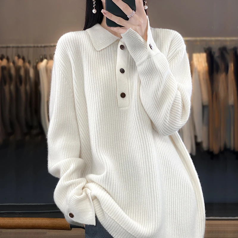 

Cashmere Women's 100 Pure Cashmere Spring and Autumn New Open-Neck Sweater Lapel Loose Bottom Knitted Sweater