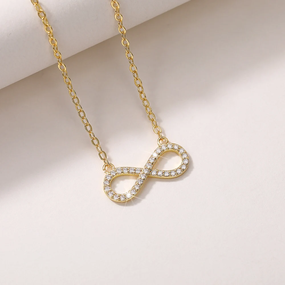 Huitan Simple Infinity Shape Pendant Necklace Women Inlaid Shiny CZ Stone Fancy Figure 8 Clavicle Chain Necklace Wedding Jewelry