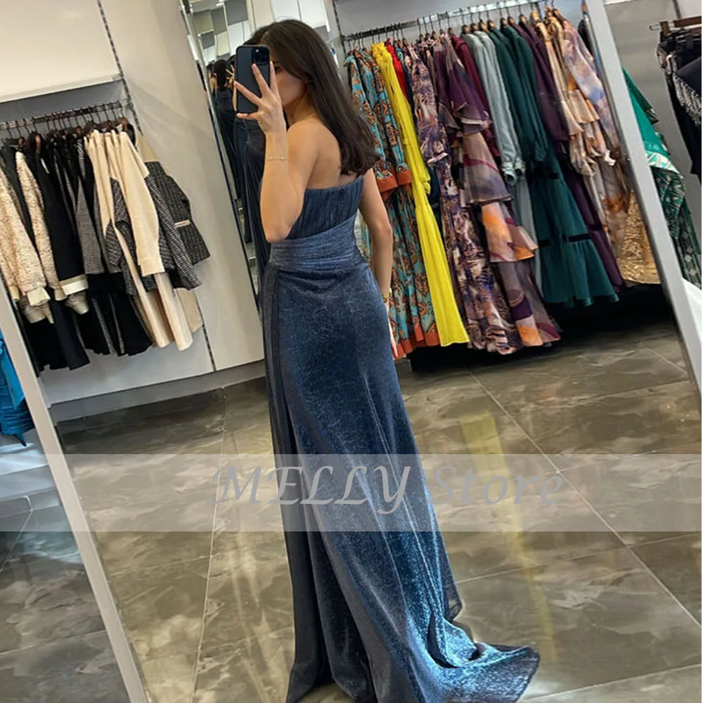 Azul Sem Alças Vestidos de Noite Para As Mulheres Sem Mangas Zipper Prom Vestidos Simples de Veludo Sereia Trem Da Varredura فساتين مناسبة رسمية