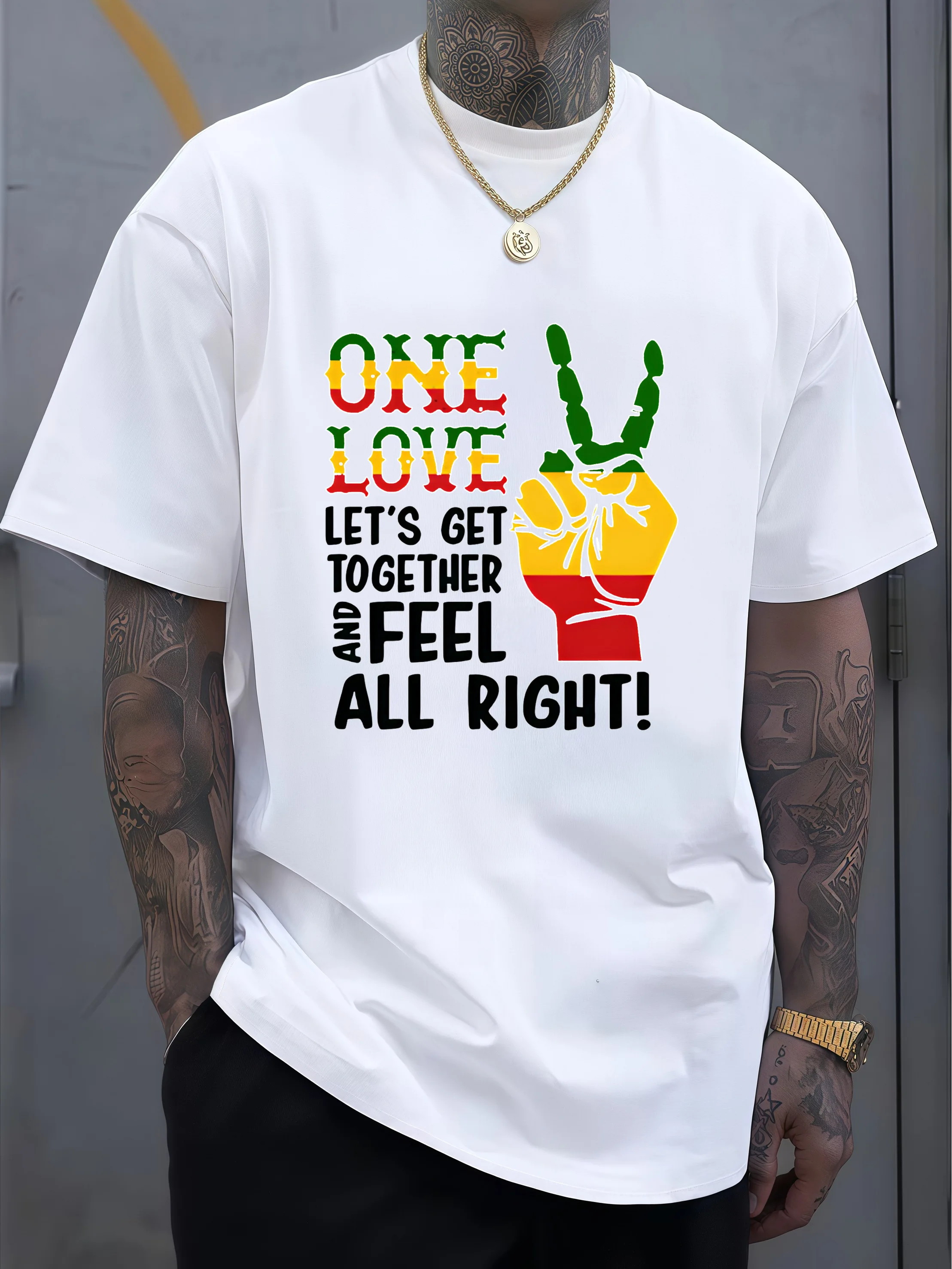 [Printed Design – Not Textured] Summer Peace Gesture Loose Fit Adult T-Shirt - Reggae Culture Print Loose Fit Versatile - Men's Style Positive Energy Short Sleeve Top for Parties