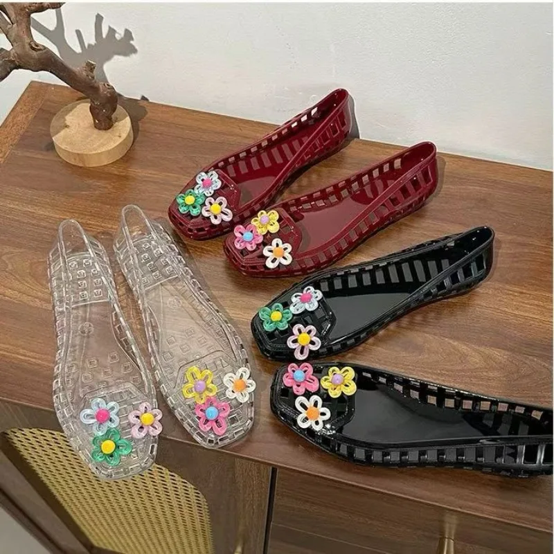 

Transparent Crystal Jelly Sandals Hollow Slippers Korean Design Shoes Women's Sauare Toe Shallow Slip Ballet Square-toed Shoes