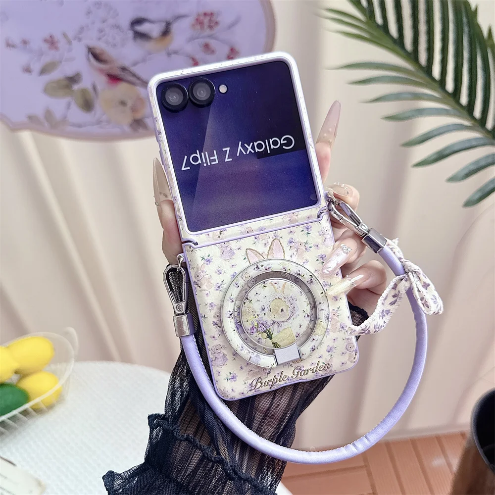 

Korean Little Flower Rabbit Magnetic Phone Case for Samsung Galaxy Z Flip5 6 7 Flip6 7 FE Flip 7 6 Cover With Magsafe Stand Rope