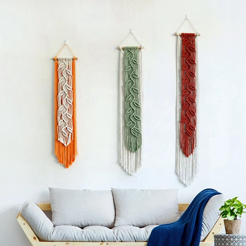 N38R_Nordic Leaf Woven Macrame Tapestry Hanging Boho Tassel Wall Hanging A