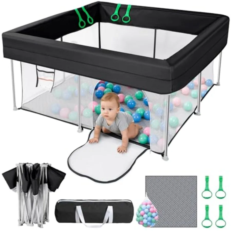 

Foldable Baby Playpen with Mat for indoor use, black polyester fabric, foldable design with 4 handles, includes 50 balls and vi