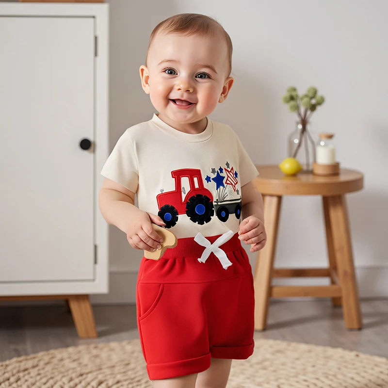 Tregren 0-3Y Baby Toddler Boy 4th of July Outfit Star Truck Embroidery Short Sleeve T-shirts + Shorts 2pcs Summer Infant Sets